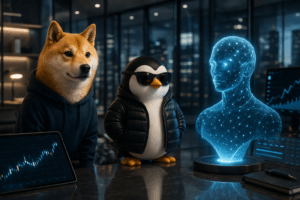 Memecoins promissoras Dogecoin PENGU e SkyAI em alta no mercado cripto maio 2026.