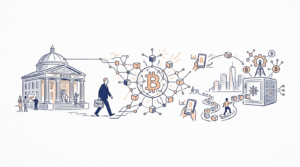 Integração entre bancos e criptomoedas mostrando o futuro do sistema financeiro através da união de infraestrutura tradicional e ativos digitais.