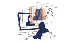 Ilustração conceitual sobre Satoshi Nakamoto sozinho ou em grupo, com silhueta encapuzada se multiplicando sobre uma rede de blockchain, representando o mistério da identidade do criador do Bitcoin