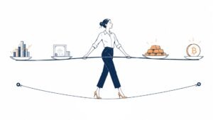 Ilustração mostrando criptomoedas na diversificação de carteira, com bitcoin ao lado de ações, renda fixa e ouro, representando um portfólio diversificado.