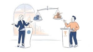 USDT e USDC; Comparação entre USDT ou USDC, as duas principais stablecoins pareadas ao dólar, representadas por moedas digitais em equilíbrio simbolizando confiança e liquidez no mercado cripto