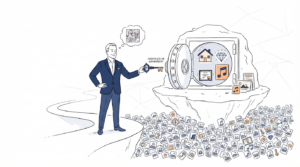 Ilustração mostrando como um NFT registra a propriedade de ativos digitais em blockchain, com exemplos de arte digital, identidade digital, games, marketplaces e smart contracts.