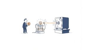 Ilustração de um chip quântico ameaçando um cofre do Bitcoin, representando a ameaça quântica ao Bitcoin, o Q-Day e a segurança de carteiras antigas de criptomoedas