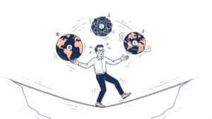 Ilustração do trilema da blockchain mostrando o equilíbrio entre segurança, escalabilidade e descentralização em rede descentralizada