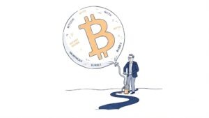 sobre os principais mitos sobre o Bitcoin, mostrando críticas comuns à criptomoeda e a blockchain ao fundo, representando temas como segurança, valor, mineração, volatilidade e adoção do Bitcoin