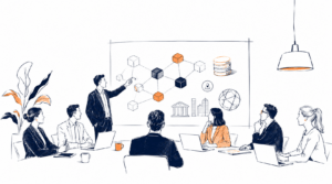 Profissionais analisam soluções de blockchain durante uma reunião sobre adoção da Web3, educação em DLT e tokenização de ativos.