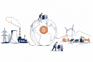 Ilustração de Proof of Work sustentável com mineração de Bitcoin conectada a fontes de energia renovável e rede elétrica.