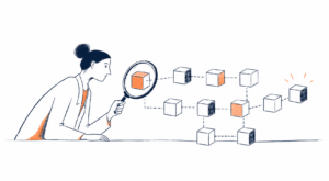 Block explorer mostrando uma transação e dados de endereços em uma blockchain pública por meio de blocos conectados e uma lupa