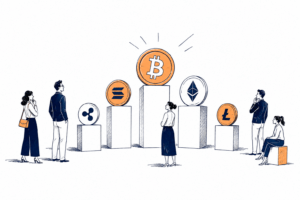 Criptomoedas mais populares representadas em uma ilustração editorial sobre Bitcoin, Ethereum e o mercado cripto