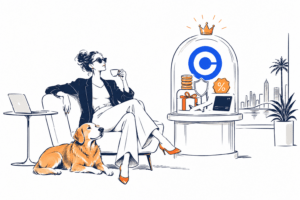 Ilustração da assinatura Coinbase One com benefícios em taxas, USDC, staking e suporte dentro da Coinbase