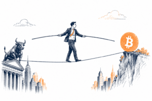 Correlação do Bitcoin com a bolsa de valores representada por gráficos de ações e blockchain em uma mesma ilustração.