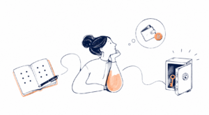 Ilustração de uma seed phrase conectando uma carteira de criptomoedas a dispositivos e backup físico, representando a recuperação da carteira cripto.