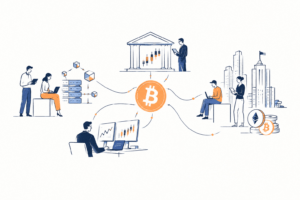 Ilustração da estrutura de mercado cripto com exchanges, investidores, market makers, custódia e blockchain conectados