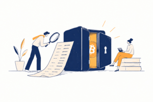 Seed phrase de carteira de criptomoedas sendo armazenada fisicamente enquanto dispositivos digitais representam riscos de exposição e perda