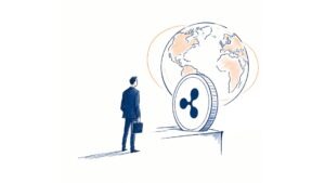 Ilustração do RLUSD, stablecoin da Ripple, conectando dólar digital, blockchain e infraestrutura financeira institucional
