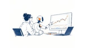 Ilustração sobre trading de criptomoedas com inteligência artificial, taxas zero e ferramentas de análise para traders de varejo.