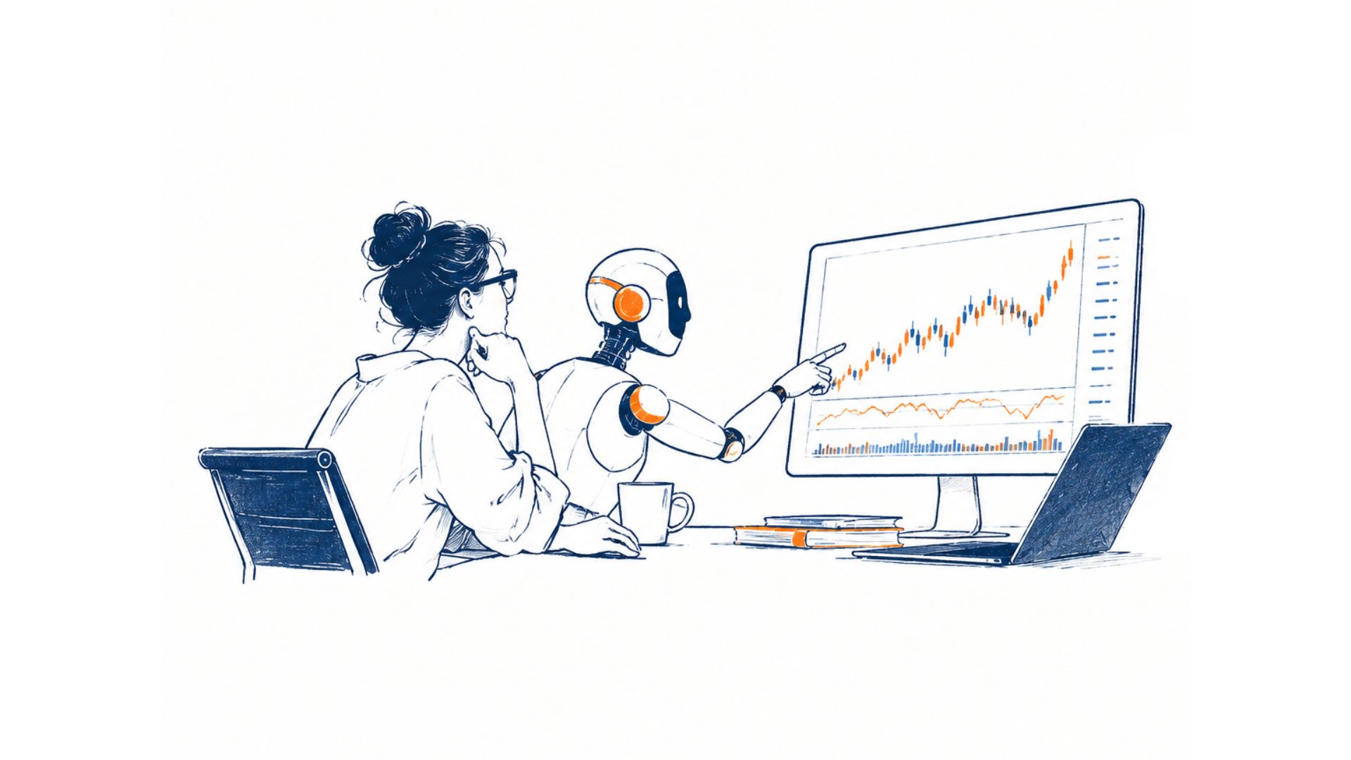 Ilustração sobre trading de criptomoedas com inteligência artificial, taxas zero e ferramentas de análise para traders de varejo.