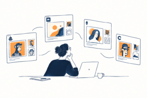 Ilustração de marketplaces de NFT mostrando diferentes plataformas de negociação para arte digital, colecionáveis e ativos especializados