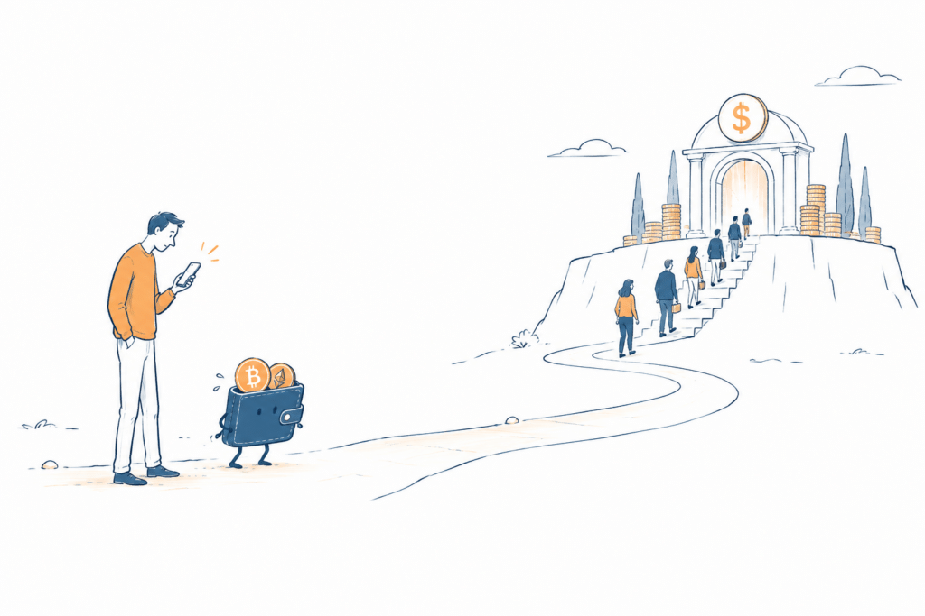 Ilustração editorial sobre como monetizar carteiras cripto, com uma pequena equipe e o fluxo de transações que segue para outra plataforma.