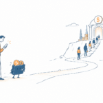 Ilustração editorial sobre como monetizar carteiras cripto, com uma pequena equipe e o fluxo de transações que segue para outra plataforma.