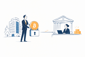 Empresa usando Bitcoin como garantia de crédito para obter liquidez e financiar operações, com BTC representado como colateral