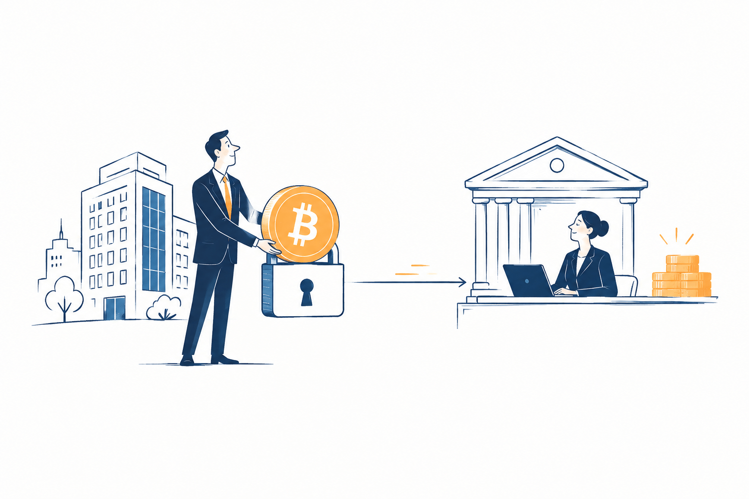 Empresa usando Bitcoin como garantia de crédito para obter liquidez e financiar operações, com BTC representado como colateral