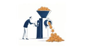 Ilustração da oferta de tokens de uma criptomoeda, mostrando unidades sendo emitidas, desbloqueadas e retiradas de circulação por mecanismos distintos.