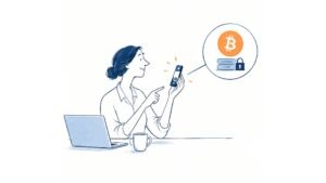 Carteira de hardware para criptomoedas ao lado de um notebook, ilustrando a proteção das chaves privadas e a autocustódia de ativos digitais.