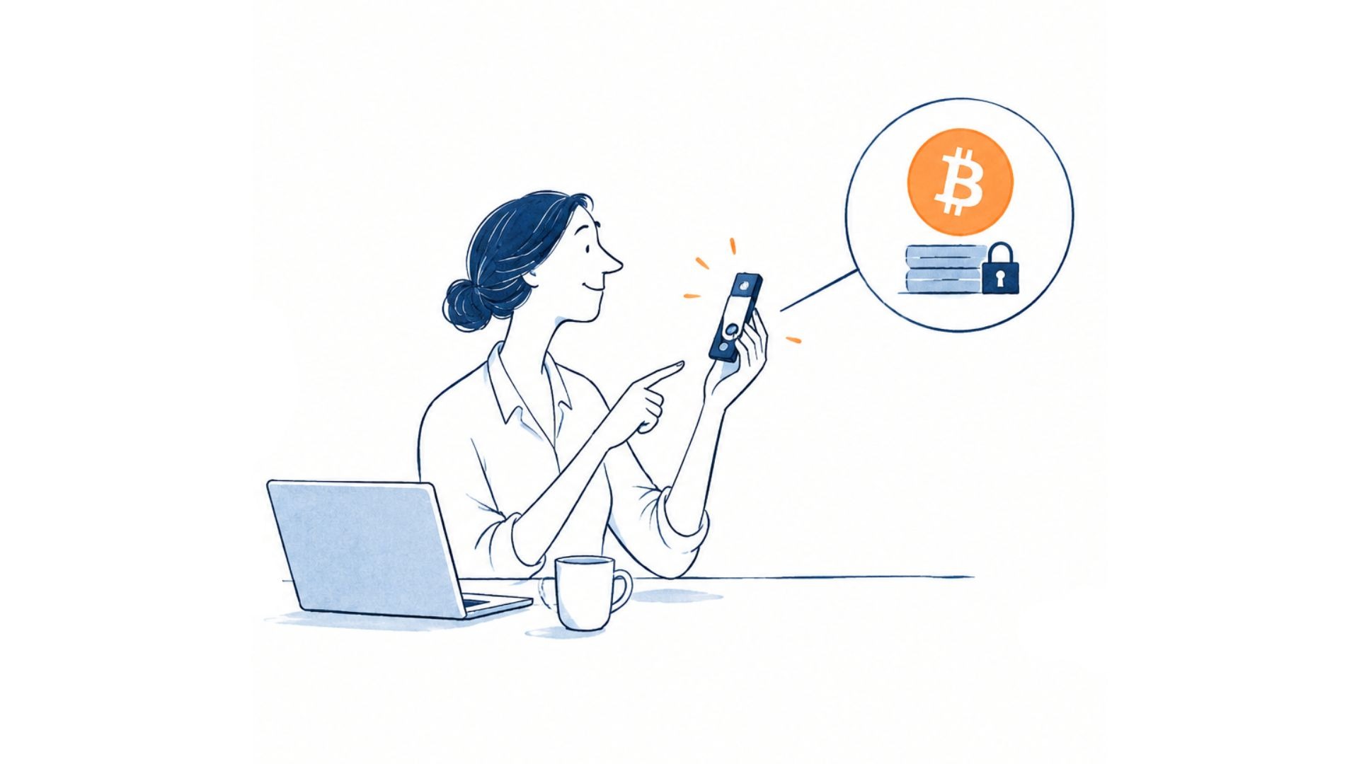 Carteira de hardware para criptomoedas ao lado de um notebook, ilustrando a proteção das chaves privadas e a autocustódia de ativos digitais.