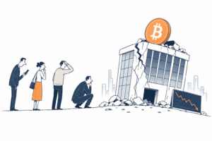 Ilustração sobre o que acontece se uma corretora de criptomoedas falir, com clientes diante de um cofre digital fechado e ativos fora de alcance.