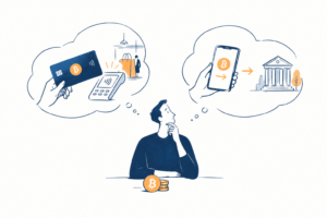 Ilustração de um cartão cripto e um celular com transferência via Pix, mostrando duas formas de usar criptomoedas em compras e pagamentos no Brasil.