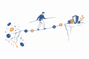 Ilustração de liquidação DeFi com blocos que representam garantias cripto próximos do limite de segurança de um empréstimo descentralizado.