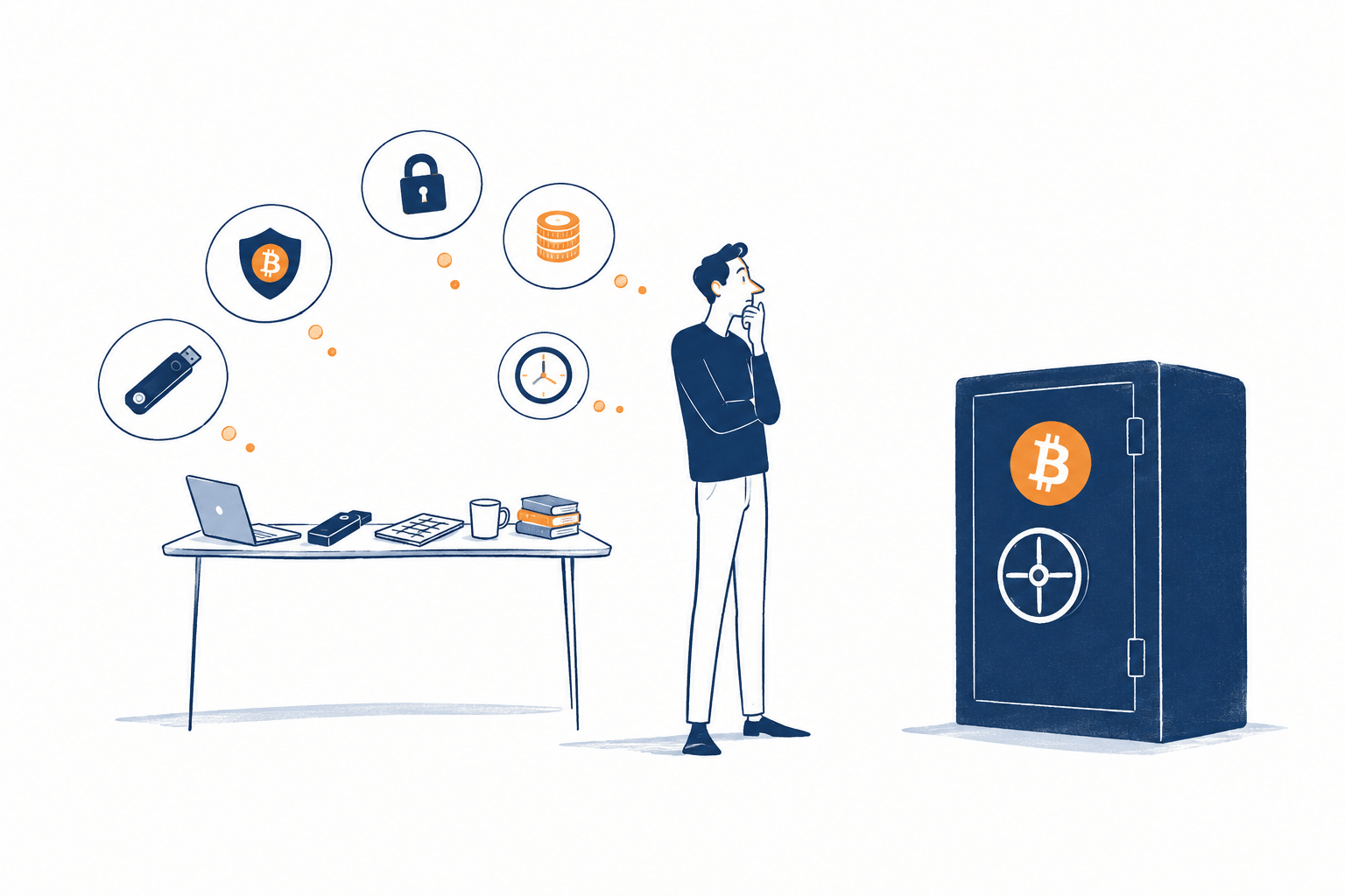 Autocustódia de Bitcoin ilustrada por uma carteira de hardware, um backup protegido e objetos que representam segurança digital e planejamento.