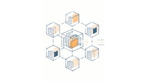 Ilustração da disponibilidade de dados em blockchain, com blocos de transações conectados a uma rede distribuída de nós.