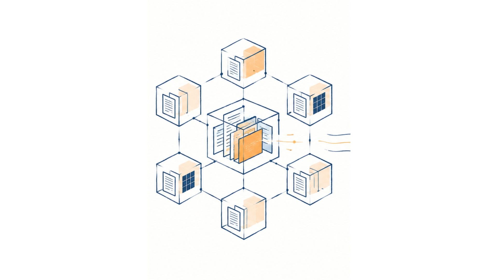 Ilustração da disponibilidade de dados em blockchain, com blocos de transações conectados a uma rede distribuída de nós.