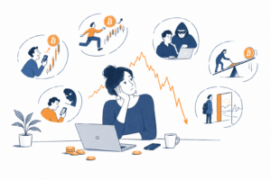 Ilustração de um investidor em uma escada de degraus instáveis, simbolizando o risco de perder dinheiro com criptomoedas após uma alta do mercado.