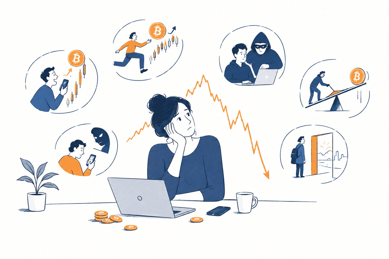 Ilustração de um investidor em uma escada de degraus instáveis, simbolizando o risco de perder dinheiro com criptomoedas após uma alta do mercado.