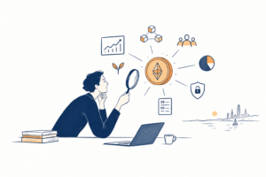 Como avaliar novos tokens com lupa sobre gráficos de oferta, distribuição de ativos e liquidez em uma ilustração editorial.