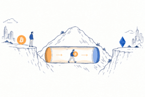 Ilustração de pontes blockchain conectando duas redes cripto, com ativos digitais atravessando uma estrutura de verificação.