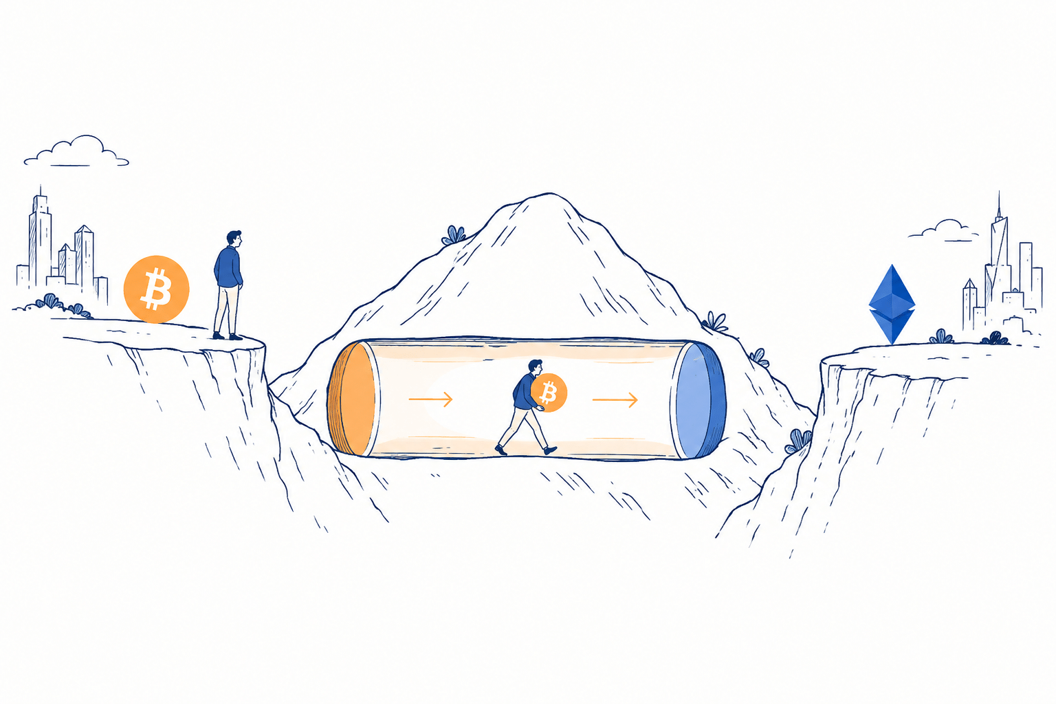 Ilustração de pontes blockchain conectando duas redes cripto, com ativos digitais atravessando uma estrutura de verificação.