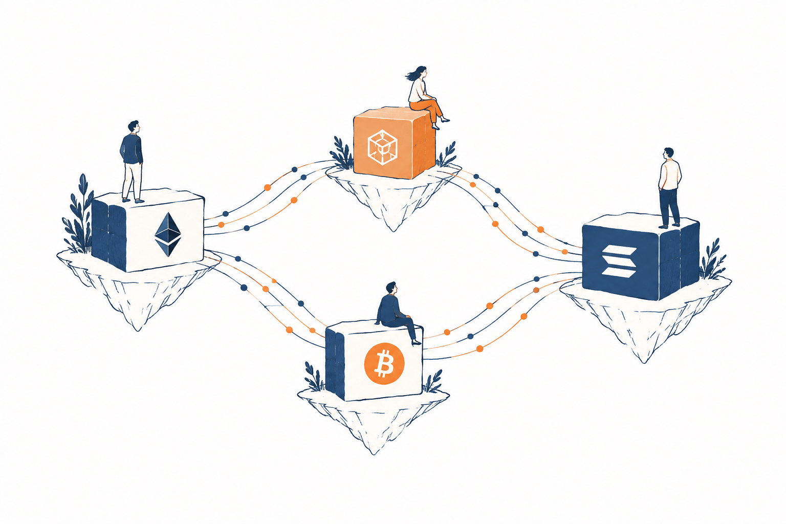 Ilustração minimalista de interoperabilidade entre blockchains, com estruturas independentes conectadas por pontes que representam a integração de diferentes redes no ecossistema multichain.