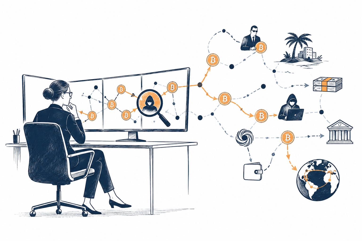 Ilustração de monitoramento de transações de criptomoedas mostrando uma carteira digital, conexões entre endereços blockchain e a análise de risco de um depósito em uma corretora.