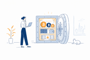 Crypto vault: porta de cofre de aço com temporizador e três fechaduras, simbolizando multiassinatura, bloqueio de tempo e segurança de criptomoedas