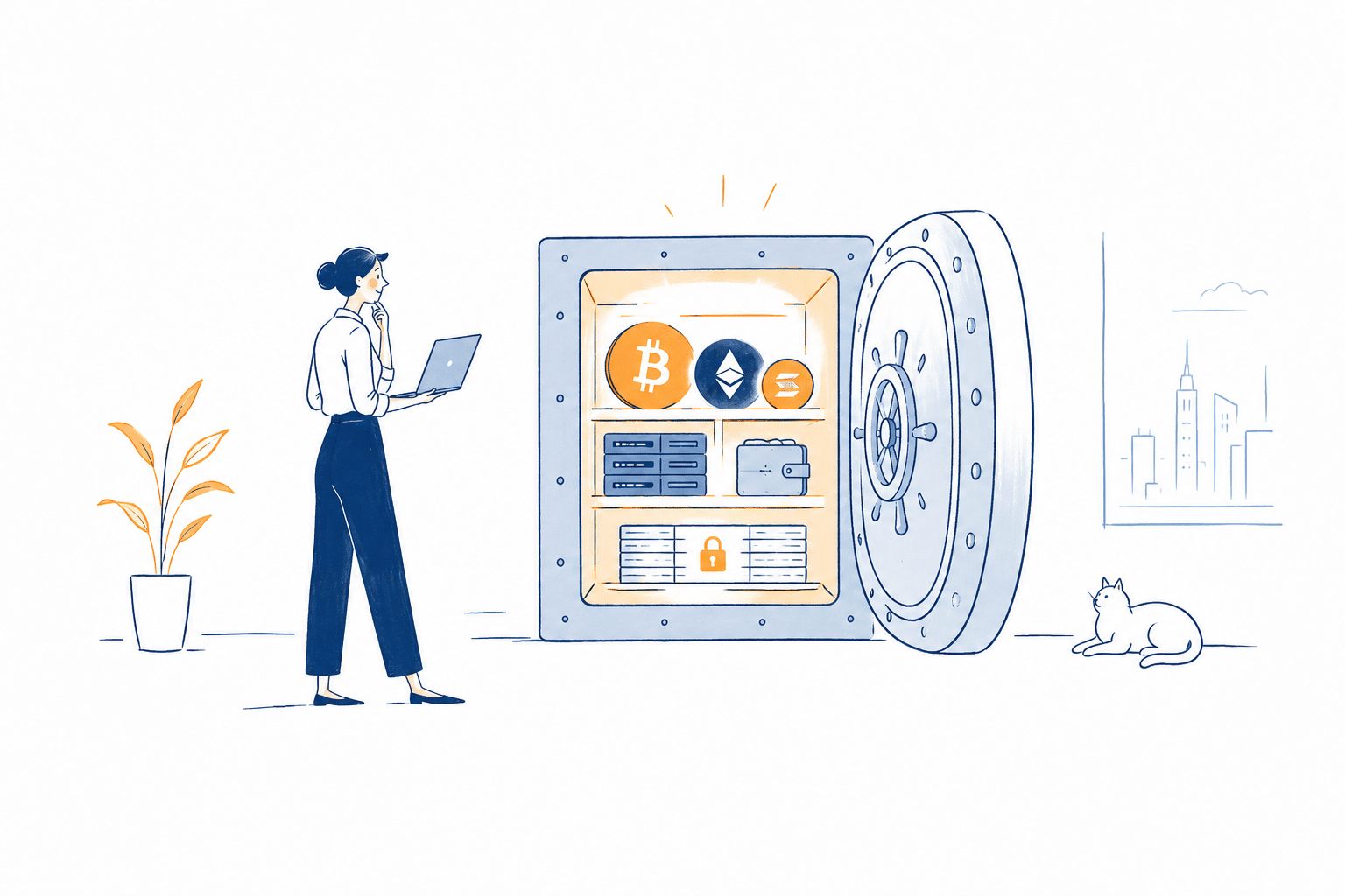 Crypto vault: porta de cofre de aço com temporizador e três fechaduras, simbolizando multiassinatura, bloqueio de tempo e segurança de criptomoedas