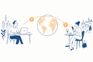 Transferências internacionais com stablecoins conectando bancos, redes blockchain e pontos de liquidez em uma ilustração sobre pagamentos e câmbio.