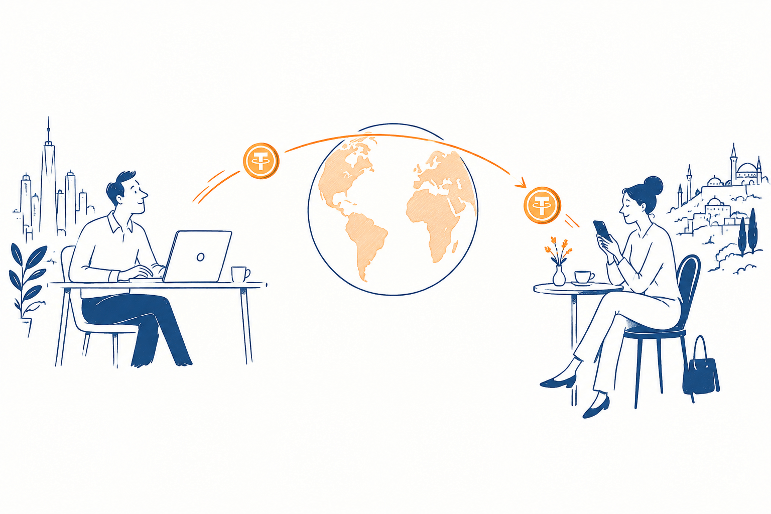 Transferências internacionais com stablecoins conectando bancos, redes blockchain e pontos de liquidez em uma ilustração sobre pagamentos e câmbio.
