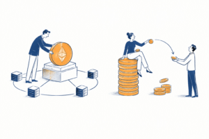 Ilustração de staking ou lending em criptomoedas mostrando um ativo seguindo caminhos diferentes entre segurança de blockchain e mercado de crédito DeFi.