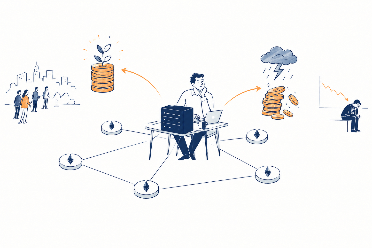 Validador de criptomoedas operando um servidor conectado a blocos de blockchain, com elementos que representam recompensas de staking e riscos operacionais.